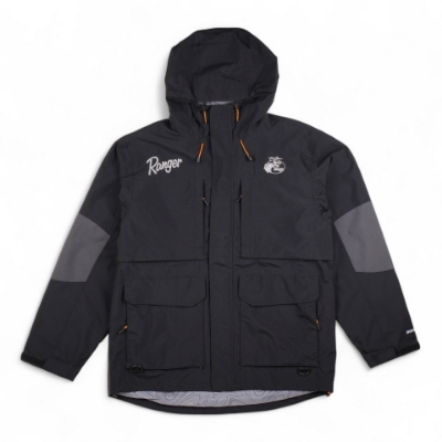 Ranger Bass Pro Shops HPR Jacket - Front View Front view of Ranger Bass Pro Shops HPR Jacket with multi-pocket design, Bone-Dry logo on the sleeve, adjustable cuffs, and branded hood lining.