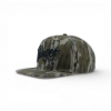 Left side angle of a Mossy Oak Bottomland camo hat showing the curved brim and black ‘Ranger’ front embroidery.