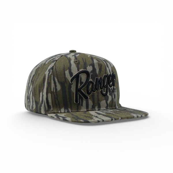 Right side angle of a Mossy Oak Bottomland camo hat displaying the detailed camouflage pattern and front embroidery.