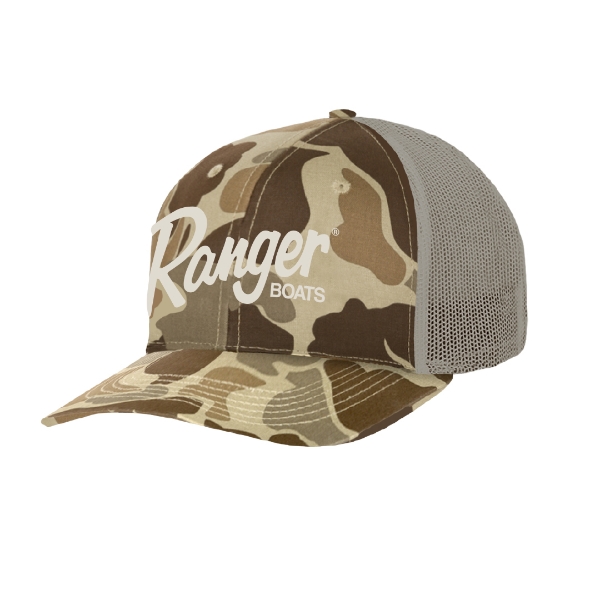 Field camo Ranger Boats cap with taupe mesh back and white Ranger logo on the front.