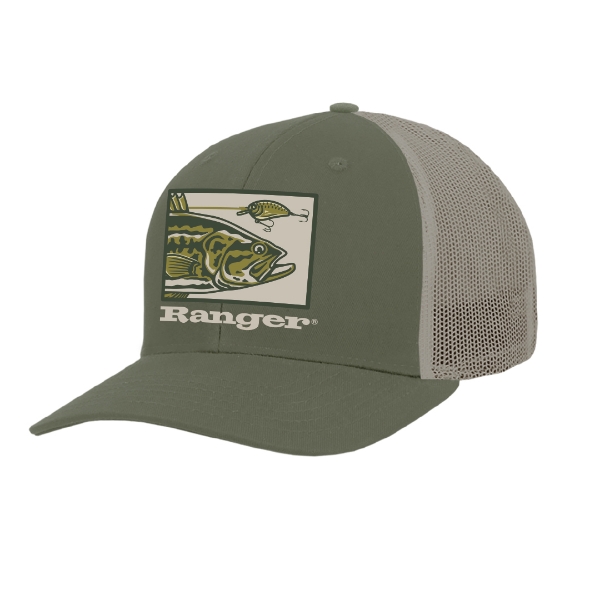 Olive Ranger Boats cap with bass and lure graphic on the front