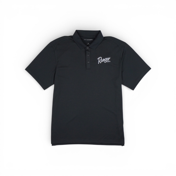 Black short‑sleeve polo shirt with Ranger logo on the left chest, laid flat on a white background.