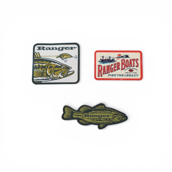 Three Ranger Boats fishing stickers featuring fish illustrations and vintage-style Ranger branding on a white background.