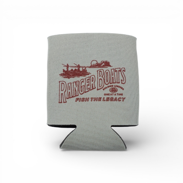 Gray coozie with red Ranger Boats logo and angler sunset illustration on the front.