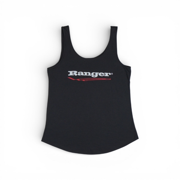 Black women's tank top with Ranger logo and red graphic displayed on the front.