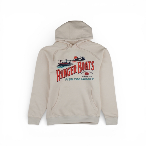 Beige hoodie with Ranger Boats logo and angler sunset graphic on the front.