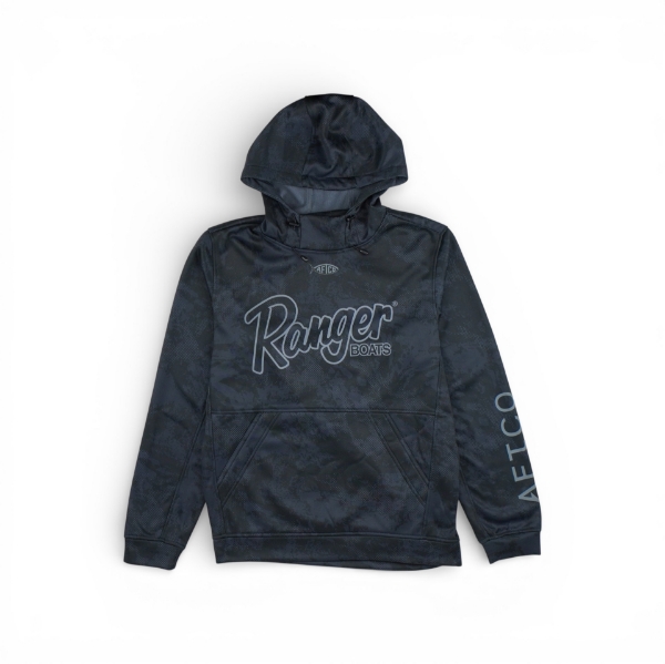 Dark camo AFTCO Reaper hoodie with Ranger Boats logo on the chest and AFTCO sleeve branding.