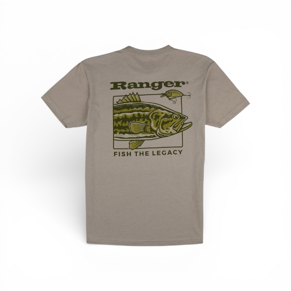 Tan t-shirt with large Ranger Trophy Catch graphic and ‘Fish the Legacy’ text on the back.