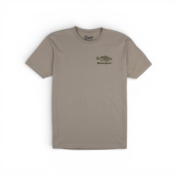 Tan t-shirt with small Ranger logo and fish graphic printed on the left chest.