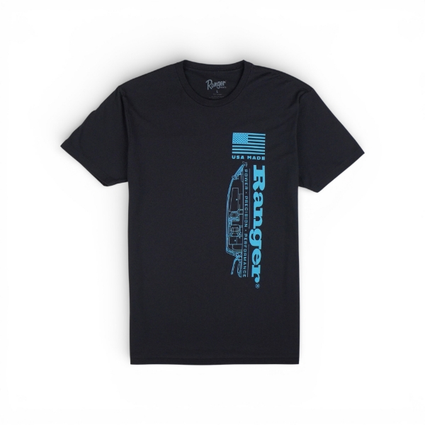 Black t-shirt with vertical Ranger logo, blue boat outline graphic, and USA Made flag design on the front.