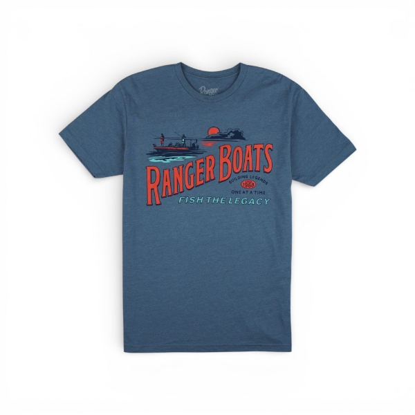 Blue t-shirt with Ranger Boats logo and angler sunset graphic on the front.