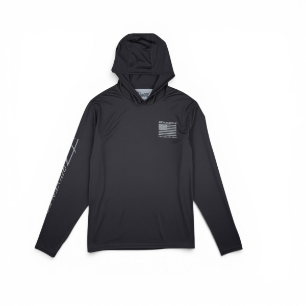 Front view of black Ranger Driven to Dominate Performance Hoodie with hood up, minimalist Ranger chest logo with American flag, and performance long‑sleeve fit.