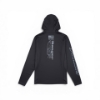 Back view of black Ranger Driven to Dominate Performance Hoodie featuring vertical Ranger graphic, firearm blueprint detail, USA Made flag print, and long sleeves.