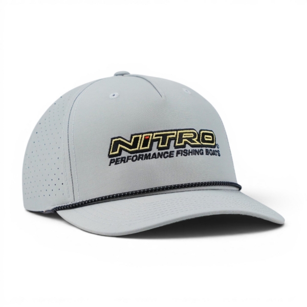 Side view of light grey Richardson performance hat showing structured fit, breathable fabric, and curved bill design