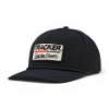 Angled view of black Richardson performance hat with Tracker branded patch and modern athletic snapback style