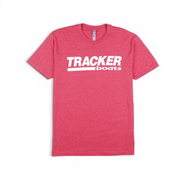 Heather red Tracker boats t-shirt with bold white Tracker logo across the chest, featuring a soft casual fit and classic short sleeve crew neck design