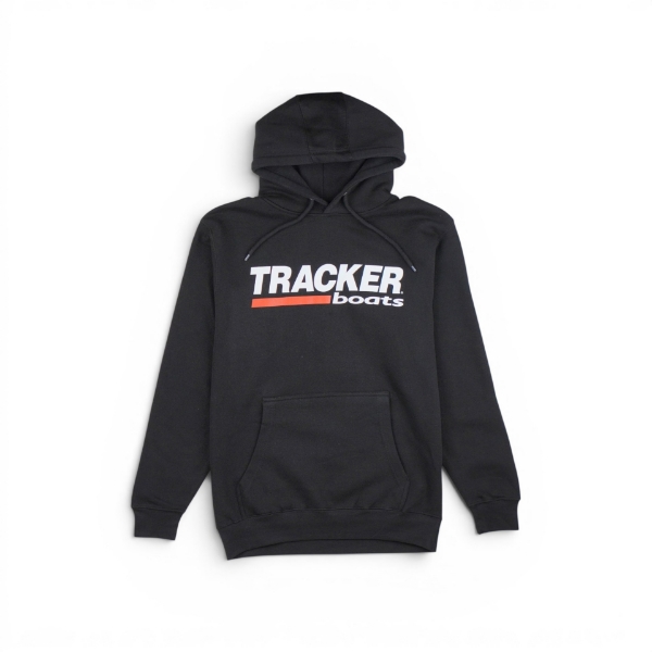 Black Tracker boats pullover hoodie with bold white and red logo graphic on the chest, featuring a front kangaroo pocket, drawstring hood, and classic relaxed fit