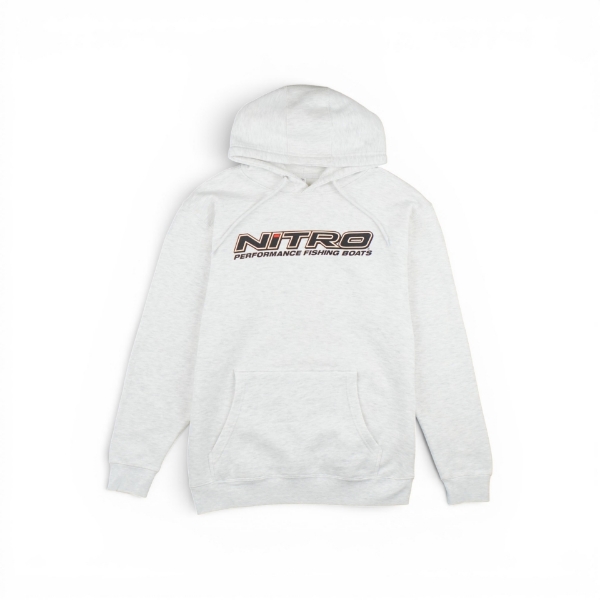 Grey Nitro fishing boats hoodie with logo, drawstring hood, and kangaroo pocket