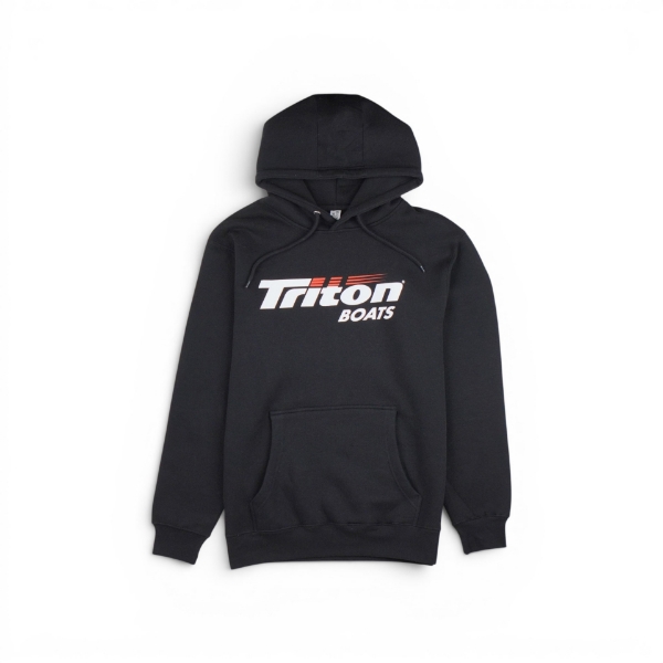 Black Triton boats pullover hoodie with logo, drawstring hood, and front pocket