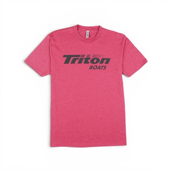 Front view of a cardinal red Triton Boats T‑shirt featuring a black Triton logo on the chest.
