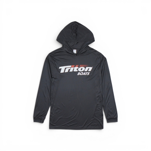 Black performance hoodie with Triton Boats logo on the front, long sleeves and hood