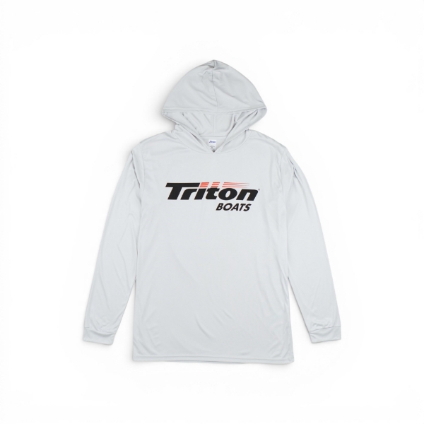 Gray performance hoodie with Triton Boats logo on the front, long sleeves and hood