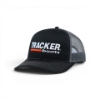 Black Tracker Boats trucker hat with mesh panels and logo patch, angled front view