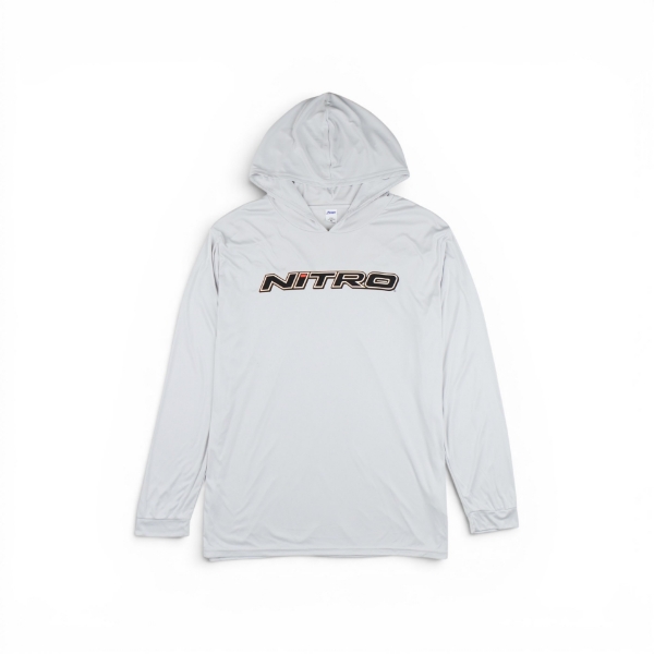 Light gray Nitro performance hoodie with hood and long sleeves featuring bold Nitro logo across chest, front view