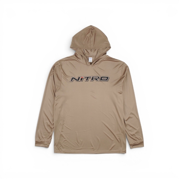 Light brown Nitro performance hoodie with hood and long sleeves featuring bold Nitro logo across chest, front view