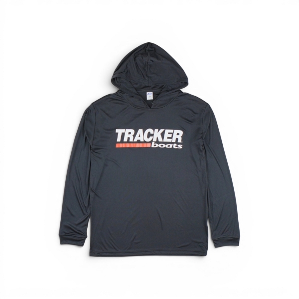Black Tracker Boats performance hoodie with hood and long sleeves featuring large white Tracker Boats logo across chest, front view