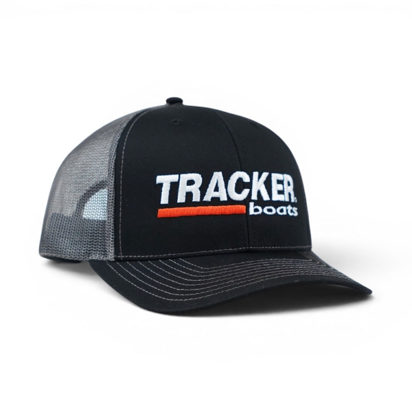 Tracker Boats black Richardson trucker hat with mesh back and bold logo patch, angled side view