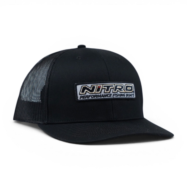 Nitro Richardson hat in black with mesh back and rectangular Nitro logo patch, angled front view