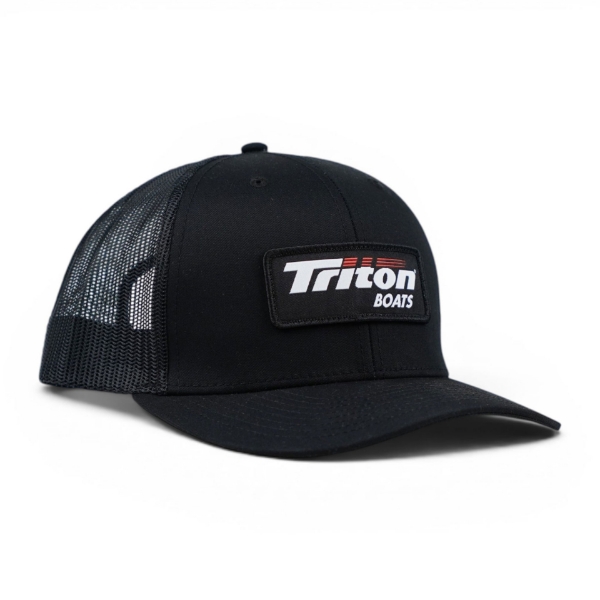 Angled front view of Black Triton Boats Richardson mesh back hat with structured front