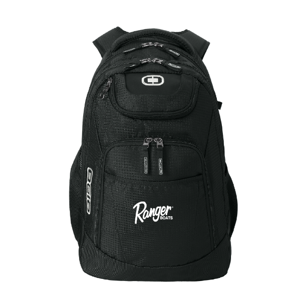 Front view of a black OGIO backpack featuring multiple zippered compartments and a white Ranger Boats logo on the front pocket.