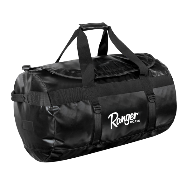 Front view of a black duffle bag featuring a white Ranger Boats logo, with backpack-style straps and multiple exterior buckles.