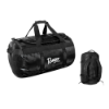 Front and back view of a black duffle bag featuring a white Ranger Boats script logo, with backpack-style straps that convert the bag for wear as a backpack.