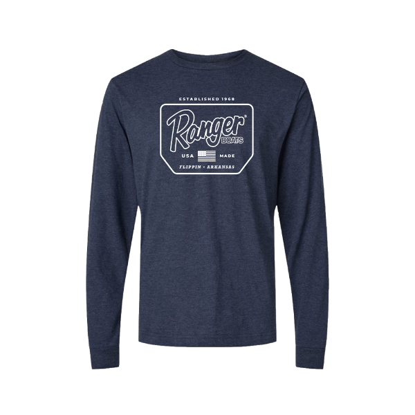 Front view of a heather denim long sleeve shirt featuring a Ranger Boats badge logo with Established 1968, USA Made, and Flippin, Arkansas text.