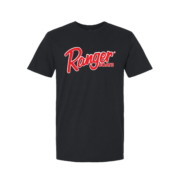 Front view of a black tee featuring a red and white Ranger Boats script logo on the chest.