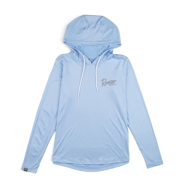 Front view of a light blue performance hoodie featuring a small Ranger script logo on the left chest, drawstring hood.
