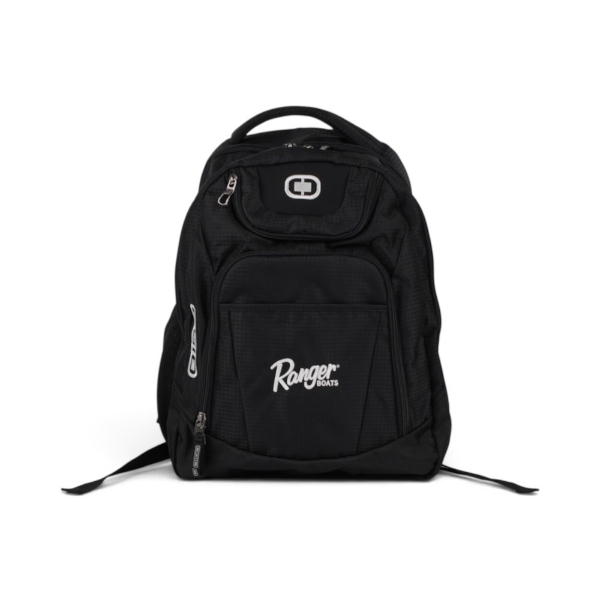Front view of a black OGIO backpack featuring multiple zippered compartments and a white Ranger Boats logo on the front pocket.
