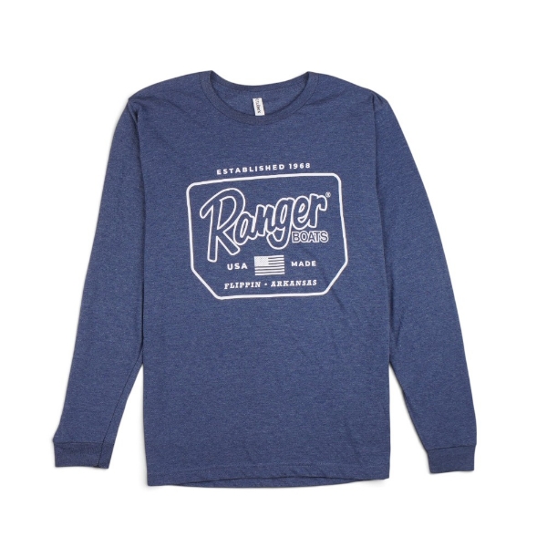 Front view of a heather denim long sleeve shirt featuring a Ranger Boats badge logo with Established 1968, USA Made, and Flippin, Arkansas text.