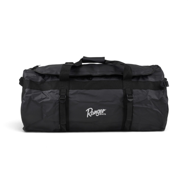 Front view of a black duffle bag featuring a white Ranger Boats logo, with backpack-style straps and multiple exterior buckles.