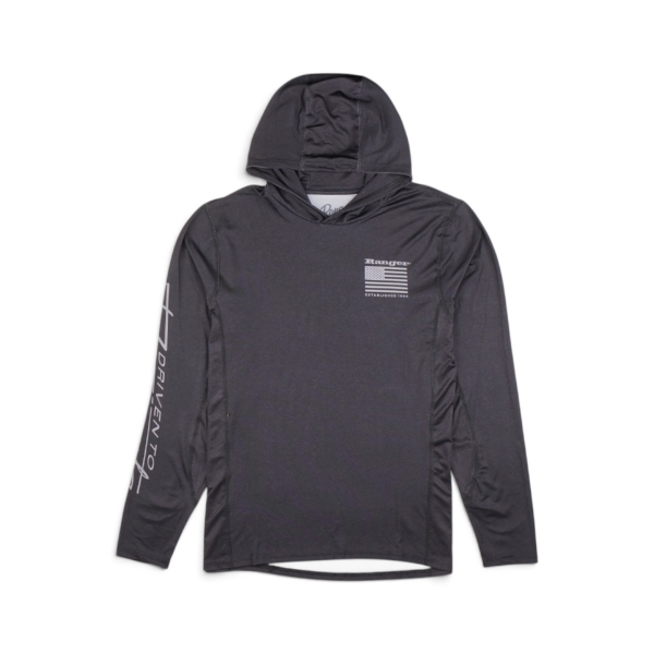 Front view of black Ranger Driven to Dominate Sun Hoodie with hood up, minimalist Ranger chest logo with American flag, and performance long‑sleeve fit.
