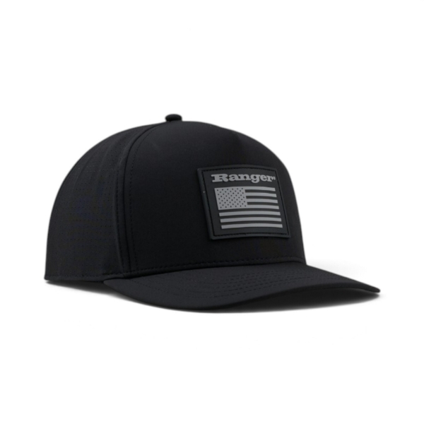 Angled front view of Black Mesh Hat showing American flag and Ranger text